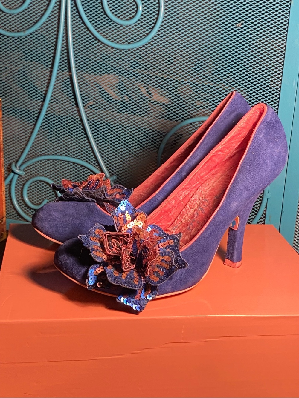 EUC 2009 Irregular Choice blue suede pumps,attached sequin flowers,8